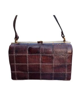 #154 Vintage  Patchwork Lizard Leather Bag in Dark Brown with Gold Trim